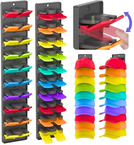 LeKuni Estante de pared de 2 unidades, soporte para gorras, con pinzas de resorte integradas para hasta 20 sombreros, soporte de pared multicapa, almacenamiento de gorros con pegamento fuerte y