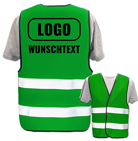 PixiPrints.com Hochwertige Warnweste mit Leuchtstreifen * Farbe: Grün (5XL) * Druck: Rücken + linke Brust * bedruckt mit Name Text Bild Logo Firma * personalisiertes Design selbst gestalten