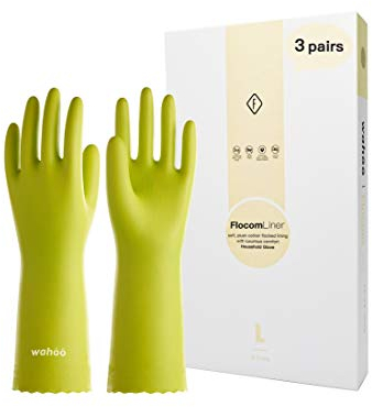 LANON 3 Pairs wahoo Skin-Friendly Dishwashing Cleaning Gloves, Reusable Kitchen Gloves, Cotton Flocked Liner, Waterproof, Non-Slip, Bud Tender, Medium