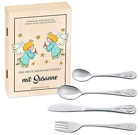 Maverton Kinderbesteck Set mit Gravur + Holzbox mit Aufdruck 4-teilig Braun | Mit Tieren, aus Edelstahl, Braun, Geschenk für Mädchen zum Geburtstag zur Taufe Geburt