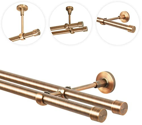 Gardinenstange 200 cm Wandmontage | Vorhangstange 2 läufig Ø 19mm | Kupfer Antik Vintage-Look Retro-Stil | Endkappe