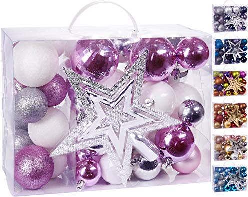 BRUBAKER 50-teiliges Set Weihnachtskugeln mit Baumspitze - Christbaumschmuck aus Kunststoff in Rosa, Weiß und Silber