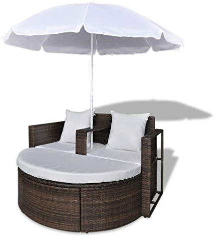 Tidyard Outdoor-Liege Lounge-Set Sonneninsel Liegeinsel Sonnenliege Mit Sonnenschirm,Fußbank,Gartenlounge Gartenbetten Gartensofa Rattansofa Gartenmoebel Gartenliege für Garten oder Terrasse