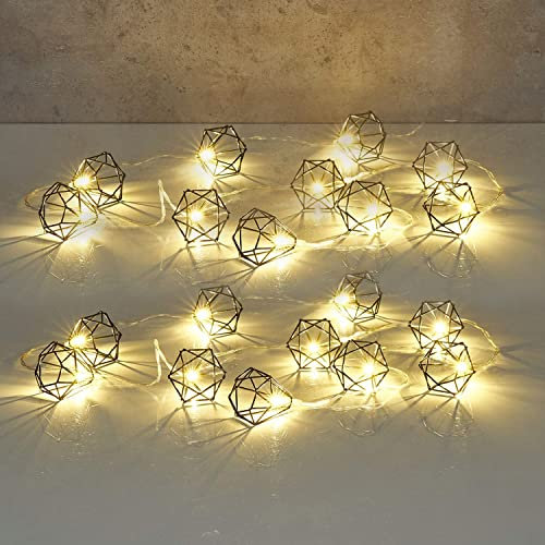 KINGCOO Vintage Lampenschirm Lichterketten, 20LED Warmweiß Schwarz Polygon Diamant Metall Laterne Käfig Lichter Batteriebetriebene Dekorative Hängeleuchten für Home Patio Garten Hochzeit (Diamant)