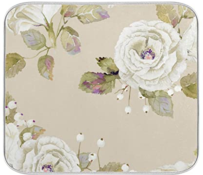 Mnsruu Absorbent Dish Drying Mat Vintage White Roses Dishes Drainer Protector Pad Pot Holder with Hanging Loop for Kitchen Countertops Sinks Refrigerator 40.6 x 45.7 CM