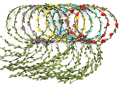 Newoutset 10 Stück Blumenkronen-Stirnbänder, mehrfarbig, Boho, für Hochzeit | Blumenkranz mit Blumenmuster, Kopfschmuck für Damen und Mädchen, perfekt für Festivals, Partys und Hochzeiten