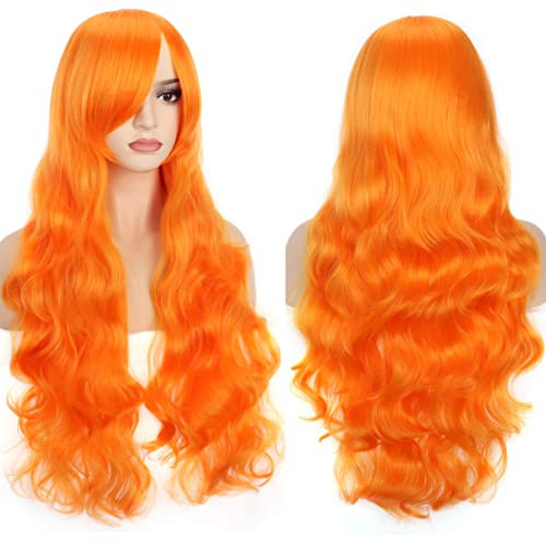 Colorfulpanda Perücke Orange Lang lockig gewellt Kunsthaar perücke für frauen Cosplay, volle Perücke, Halloween, Kostüm, Party,80 cm