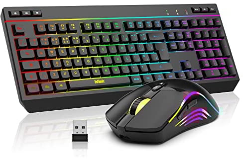 RedThunder K20 Wireless Keyboard and Mouse Combo, UK Layout Full Size Keyboard with Multimedia Keys + 7D 4800DPI Optical Mice, Rechargeable RGB Gaming/Office Set for PC Laptop (Black)