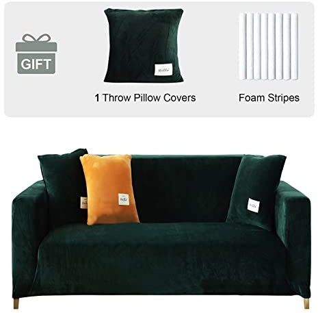 Samt Sofabezug 2 Sitzer - Weiche hohe Stretch Antirutsch Couchbezug Sofaschutz, Plüsch Sofaschutzbezüge mit 1 Kissenbezug für Wohnzimmer (Dunkelgrün, 2 Sitzer für 140-170cm)