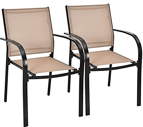 COSTWAY Garden Chairs Set of 2/4, Stackable Outdoor Dining Chairs with Armrests, Steel Frame Fabric Patio Bistro Chair Deck Seats for Balcony, Backyard, Lawn and Poolside (2, Brown+Black, 64x59x85cm)
