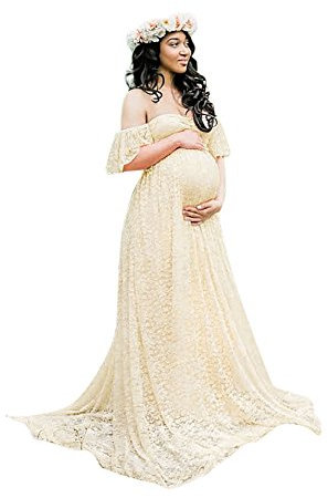 Generic Abito da sera lungo in gravidanza, maxi abito lungo, multivia, in tulle, da donna, per servizi fotografici, beige, XL