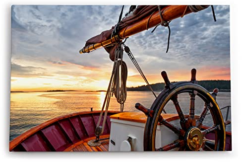 Paul Sinus Wandbild 120x80cm Segelboot Segelschiff Holzsteuerrad Meer Sonnenuntergang