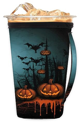Halloween Pumpkins Spider Webs Iced Coffee Sleeve with Handle Reusable Insulator Cup Cover Neoprene Coffee Cup Sleeves Holder for Cold/Hot Drinks Coffee Beverages Size M for 24-28 oz