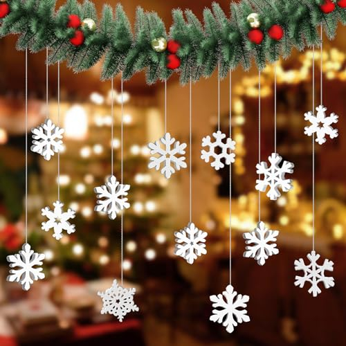 Wonjean 100 Stücke Weihnachtsbaum Deko,20mm Schneeflocken Deko Anhänger Wiederverwendbar Christbaumschmuck Weiß Hängend Bastelset Weihnachten Kinder Holzdeko,für Weihnachten Winter Dekoration