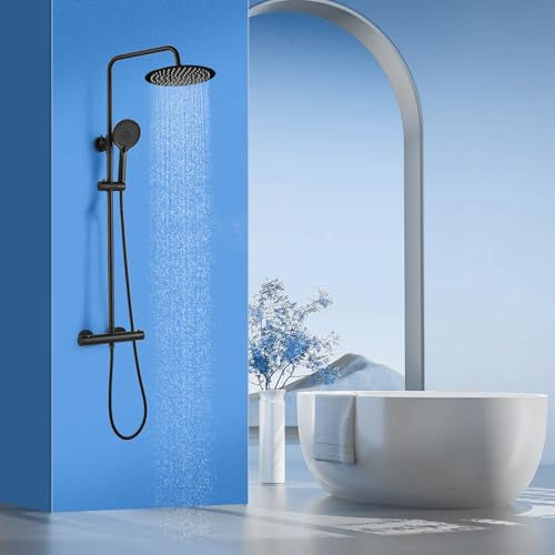 ROVOGO Black Thermostatic Shower Mixer Set Height Adjustable, 25 x 25 cm Round Rainfall Shower Head Stainless Steel, 3-mode Handheld Shower with Adjustable Holder, Twin Head Shower System for Bathroom