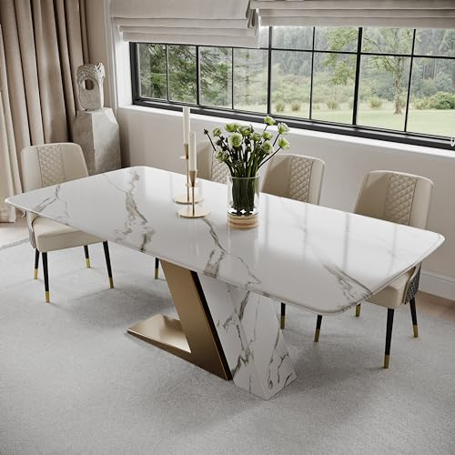 POVISON Moderner Mattweißer Esstisch,mit rechteckiger Tischplatte aus gesintertem Stein, Z-förmiges Untergestell aus Edelstahl, weiße und Golden Beine,200cm für 8,einfache Installation (ohne Stühle)