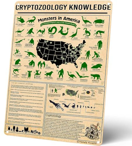Homely Accents Cryptozoology Knowledge Wanddekor-Poster – Amerikanische Monsterkarte, Vintage-Blechschild aus Metall für Zuhause, Café, Schule, Bigfoot und Sasquatch-Enthusiasten, 40,6 x 30,5 cm