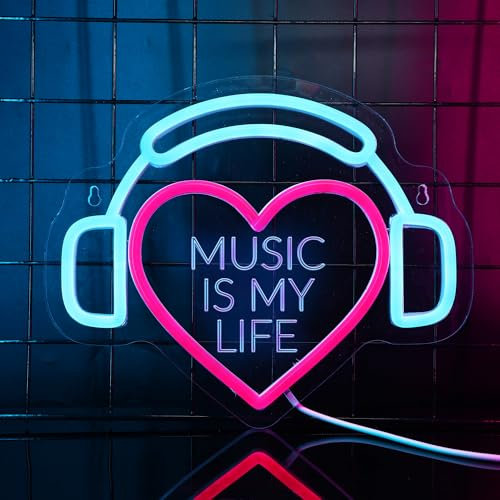 YuanDian Music Neon Sign, MUSIC IS MY LIFE Heart-Shaped Dimmable LED Neon Lights USB Powered for Wall Decor, Gifts for Boys Girls Music Lovers