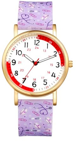 JewelryWe Uhren Damen Silikon Schwesternuhr: 30M Wasserdicht Analog Quarz Armbanduhr Frauen Medizinische Muster Lila Gummi Armband Uhr mit Pulsberechnung für Krankenschwester Ärzte Sanitäter