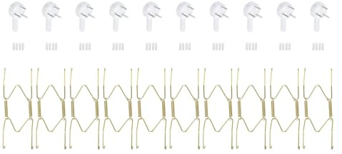 QUARKZMAN 10Stk Teller Aufhänger 5 mit 10Stk Wand Haken Gold | Universal Messing Unsichtbare Wand Teller Aufhänger für Dekorative Teller