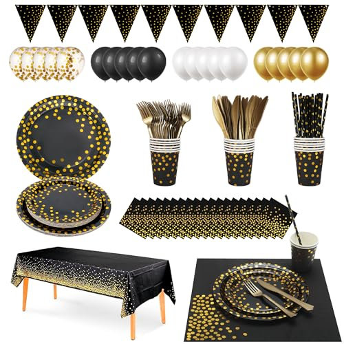 Black and Gold Party Cutlery, Party Cutlery set Includes Paper Plates, Napkins Cups Straws and Cutlery for Engagement Anniversaries Graduation Ceremonies NewYear's Eve Parties Birthday Parties (black)