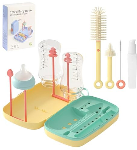 UABA Limpia Biberones & Escurre Biberones 7-en-1 – Cepillo Silicona 360°, Cepillo Tetinas, Pajitas + Botella Jabón │ Kit de Viaje Plegable sin BPA (Amarillo)