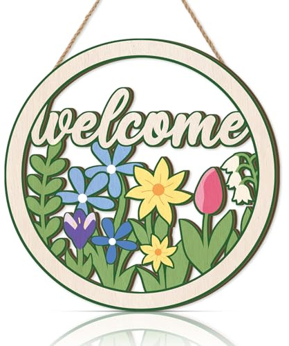 ANHUIB Herzlich Willkommen Schild - Bunt Willkommen für Türschilder & Garten Willkommensschild, Holz Schild für Wohnzimmer & Haustür Hängenden Willkommen Deko