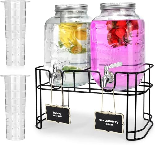 Deefongo 2 x 4L Glas-Getränkespender mit Ständer, Getränkespender, Glas-Wasser-Saft-Spender mit Hahn für geeiste Säfte, Wasser, hausgemachte Getränke, Partys, Hochzeiten