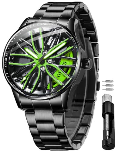 OLEVS Herrenuhren Skelettuhr Quarz Rennwagenrad Edelstahl Casual Sports Wasserdicht Leuchtend Herrenarmbanduhren