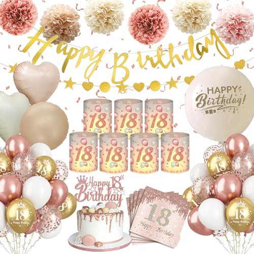 Deko 18 Geburtstag Mädchen,WINAROI 18. Geburtstag Deko Rose Gold mit Windlicht Tischdeko, Happy Birthday Banner, Servietten, Pompons