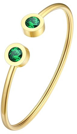 FOCALOOK Armreif für Damen, vergoldet, 14 K, verstellbar, mit Falsch, Smaragd, Geburtsstein Mai