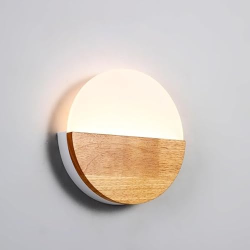 LIGKIN Innenwandleuchte LED, Wandleuchte Holz Rund 6W Wandlampe Moderne Wandleuchte Warmes Licht Acrylbeleuchtung Nachtlicht für Schlafzimmer Kinder Flur