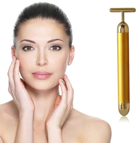 WENJION 24K Gold Face Massager Electric, T-Shape & 3D Roller Facial Massage Tool, Pulse Firming & Lifting Skin Care Device for Eyes, Nose, Face & Neck, Anti-Aging Treatment for Sensitive Skin