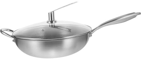 Warmhm Edelstahl Wok Pfanne Mit Deckel Honeycomb Wok Braten Für Induktionsherd Elektroherd Gasherd Antihaft Küchenzubehör Leicht Zu Reinigen