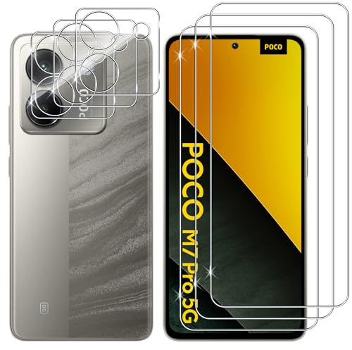 Lutree Cristal Templado para Xiaomi Poco M7 Pro 5G, 3+3 Piezas Protector de Pantalla + Protector de Lente de Cámara, Dureza 9H HD Vidrio Anti-Arañazos Templado Película Protectora