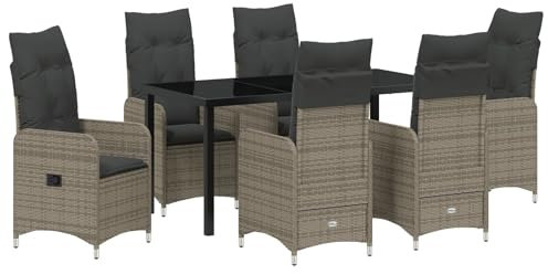 vidaXL Garten Essgruppe mit Kissen 7 pcs Grau Poly Rattan, Garten- und Terrassenset, langlebig, leicht, Poly-Rattan, wetterfest, stylisches modernes Mobiliar