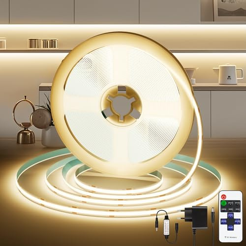 COB LED Streifen 5M mit Fernbedienung, 4000K LED Band Dimmbar Fernseher Beleuchtung 36W, 24V Strip Küchenbeleuchtung, Lichtband LED Selbstklebend Sehr Hell, Lichtleiste für Wohnzimmer, Treppe, Küche