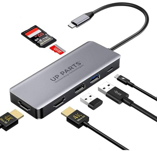 UP PARTS Hub USBC, Station d'accueil UP-DS-9915T, 6 en 1, Port d'alimentation USB C 87 W, 2 Ports HDMI 4K, USB 3 5 Go, 1 Port US B 2, Lecteur de Carte mémoire SD MicroSD et TF (6 en 1)