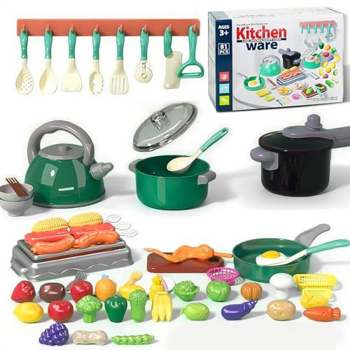 Küche Zubehör Essen Set - 81 Stück Spielküche Zubehör Plastik mit Gemüse, Obst, Gefälschte Lebensmittel Spielzeug, Puppenküche Zubehör