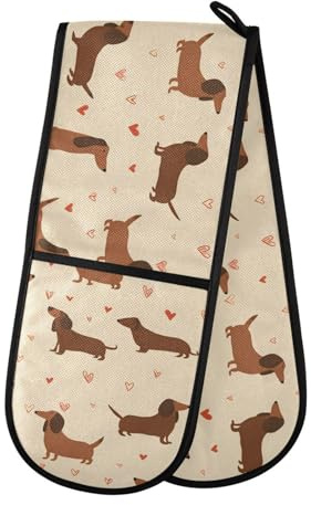 Oven Gloves Double Oven Gloves Sausage Dog Love Pattern Oven Mitts Pot Holder Heat Resistant Quilted for BBQ Baking Kitchen Cooking Gloves