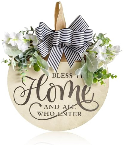 Welcome Home Decorations,Gifts For New Home, Wooden Door Sign, New Home Gifts House Signs, Welcome Porch Wall Sign With Bow-knot Wreath, Outdoor Entrance Floral Round Wood Wall Decor, House Warming