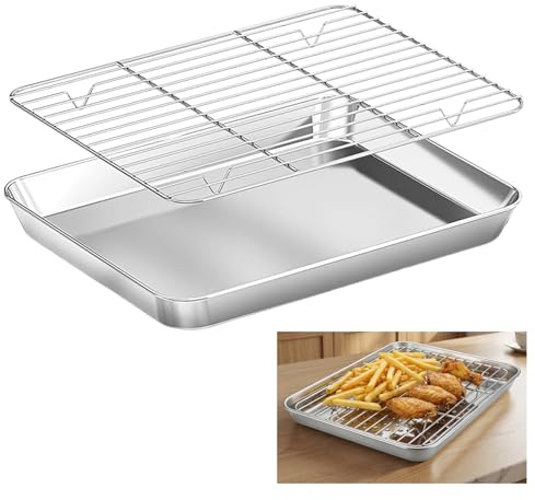 Rettangolare in Acciaio Inox, Teglia da Forno Con Griglia di Raffreddamento, Teglia Piccola Per Torte e Arrostire, 26,5x20,5x2,5cm, Inossidabile Gratella per Cuocere