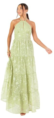 Women's Maxi Dress Sleeveless Halterneck A-line Floral Self-tie Keyhole Tiered Open Back Wedding Guest Bridesmaid Prom