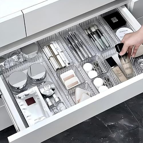 Clear Drawer Organiser Set - 10Pcs 3 Sizes PET Plastic Storage Trays Free Combination Stackable Easy Clean, Multipurpose Dividers for Vanity Makeup Jewelry Skincare Nail Care Kitchen Bathroom Office