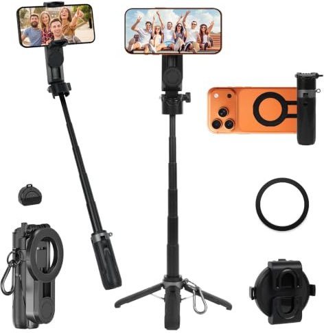 4-in-1 Magnetisches Mini Selfie Stick Stativ, Handy Stativ mit Fernauslöser | 360° Drehbar,Mini & Tragbar kompatibel mit iPhone 17 16 15 Pro Max, Samsung, Aluminium Teleskopstange für Vlog/Foto,Schwarz