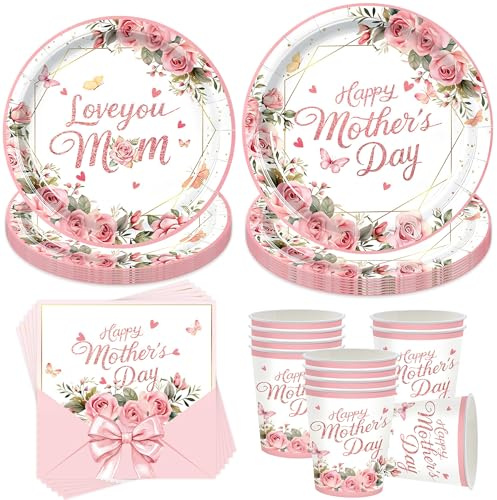 50 Stück Geschenk für Mama Partygeschirr Set,Geschirr für eine Muttertagsfeier,Geburtstag Party Geschirr Set,Partyzubehör Pappteller,Mit Teller Becher Servietten,Party Partygeschirr für 10 Gäste