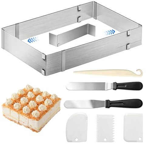 LXBCTOP Backrahmen Rechteckig Verstellba 5cm Hoch, Backrahmen ausziehbar | Backrahmen Eckig Verstellbar, Edelstahl Tortenring Eckig mit Teiler, Backblech mit Teiler für Kuchen, Torten, Pizza Backen
