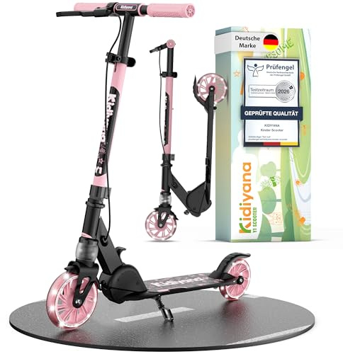 Kidiyana Kinderroller Scooter ab 5 Jahren bis 50 kg – Tretroller für Jungen & Mädchen mit 120 mm PU-Leuchträdern, ABEC-5 Kugellager, Handbremse & Stoßdämpfung, klappbar & höhenverstellbar