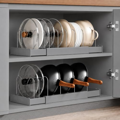 Hsmihair 2 Pack 58CM Expandable Pots and Pans Organiser, Anti-Scratch Pan Lid Holder with 10 Adjustable Dividers Pan Organiser for Cupboard Countertop/Inside, Baking Tray Storage Rack (Grey)