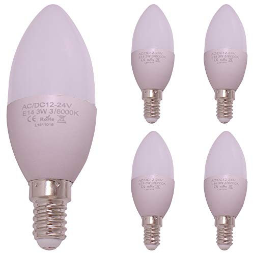Lampada LED a basso voltaggio E14, C35 Voltaggio sicuro DC 12V 24V, Lampadine a candelabro 350LM Bianco caldo 3000K, 3W Sostituzione alogeno 30W, CRI> 85 con custodia glassata WeiXuan, confezione da 5